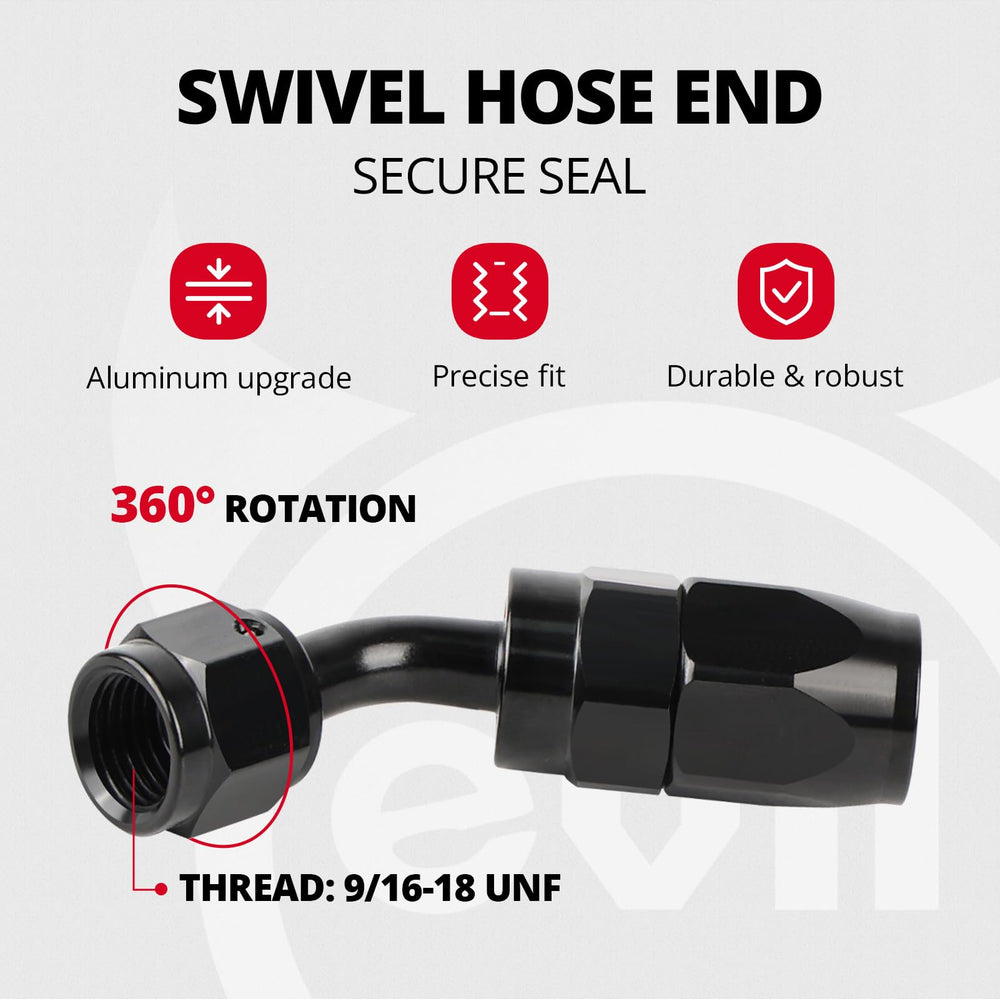 EVIL ENERGY swivel hose end close-up demonstrating easy custom-length assembly