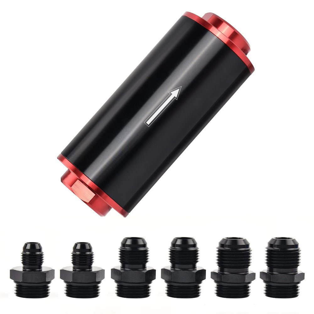 EVIL ENERGY front view of red 50mm inline fuel filter showing fittings and housing, durable design benefit