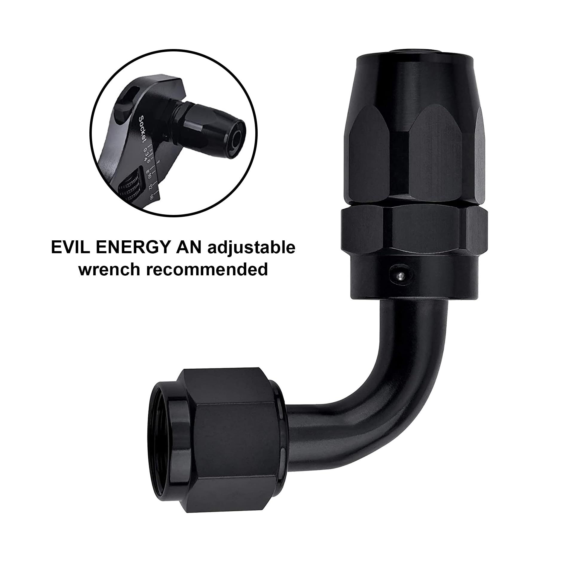 EVIL ENERGY fitting installed on braided fuel hose in engine bay, secure professional fit
