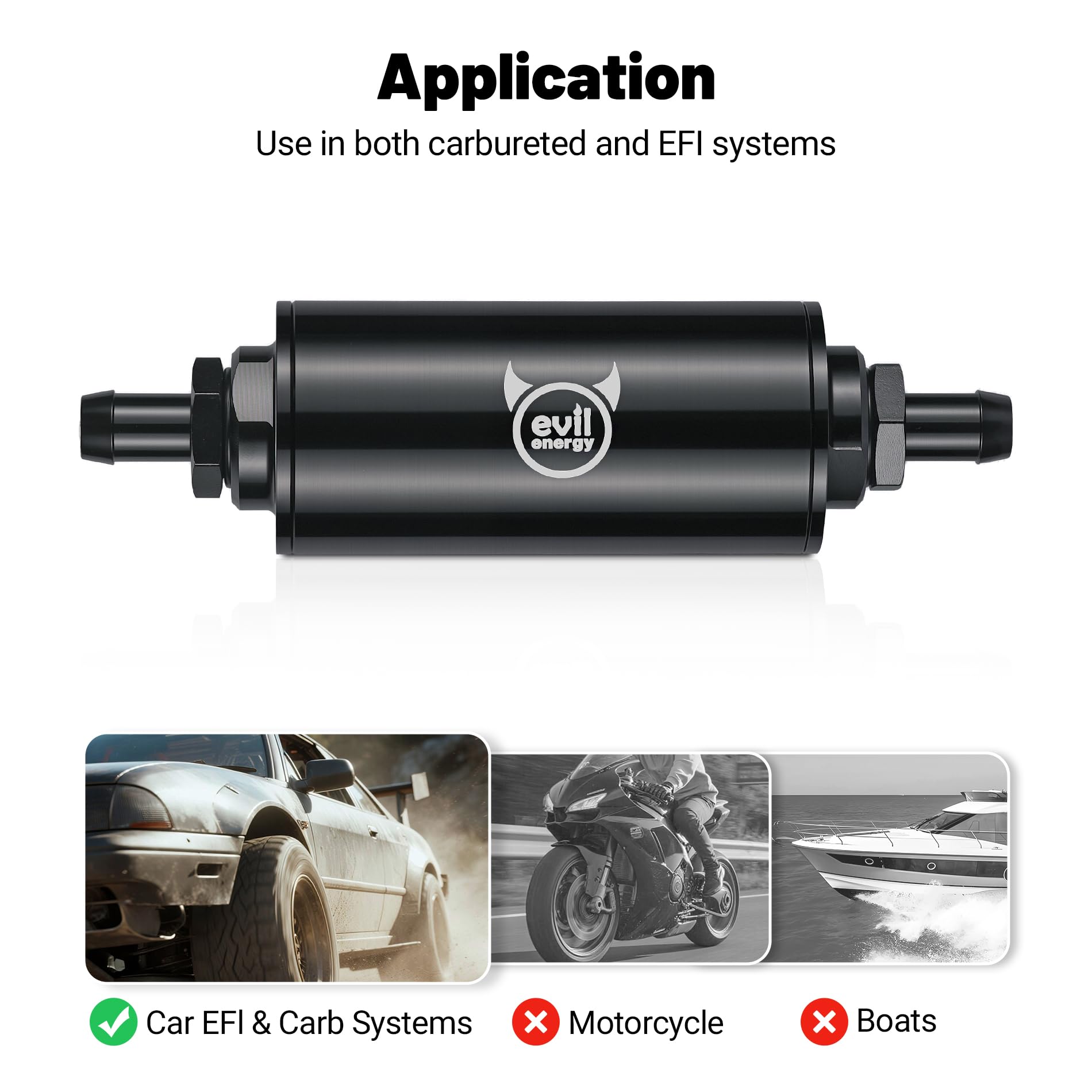EVIL ENERGY filter installed on car rubber fuel line showing added protection benefit