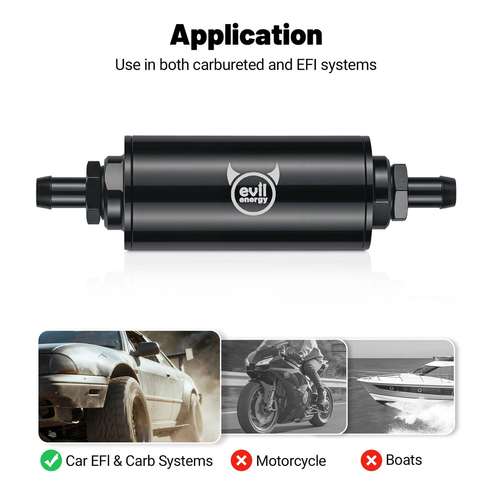 EVIL ENERGY filter installed on car rubber fuel line showing added protection benefit