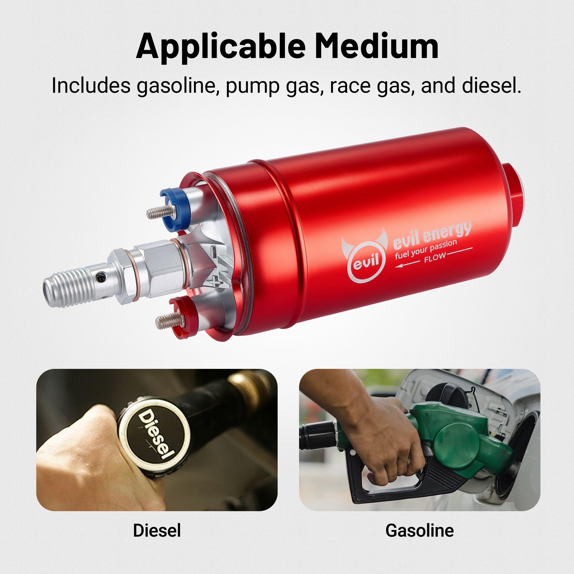 EVIL ENERGY pump installed below tank in vehicle, ensures recommended gravity feed