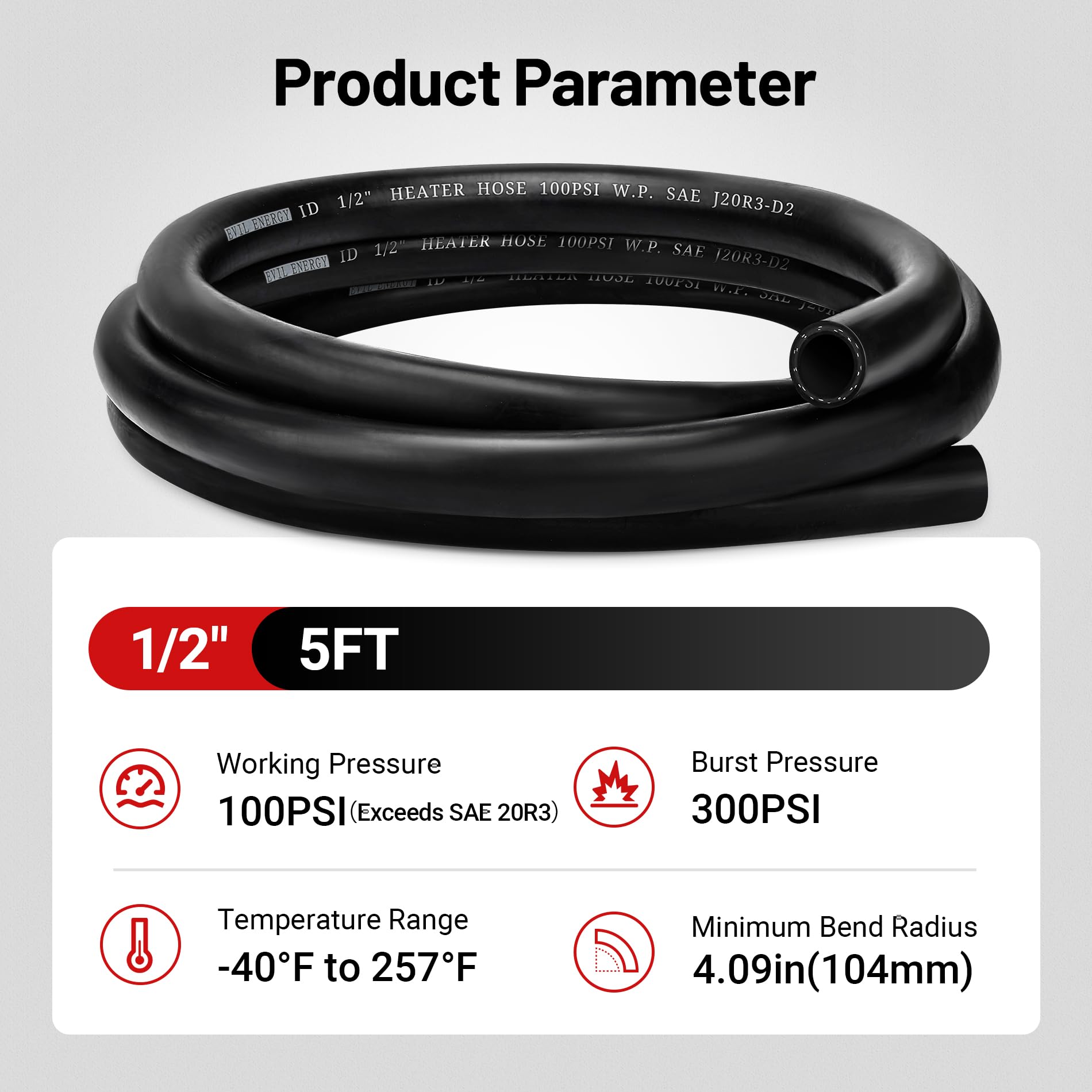 EVIL ENERGY hose next to ruler illustrating 5ft length and scale advantage