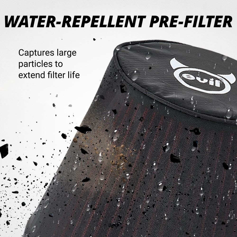 EVIL ENERGY pre-filter layer trapping large debris for extended filter life
