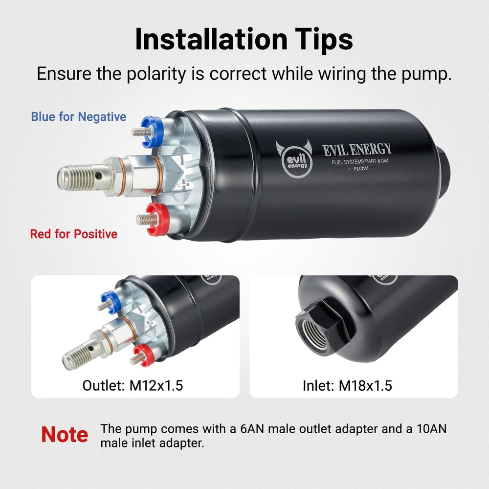 EVIL ENERGY inlet and outlet adapters visible with fittings to simplify hose connections