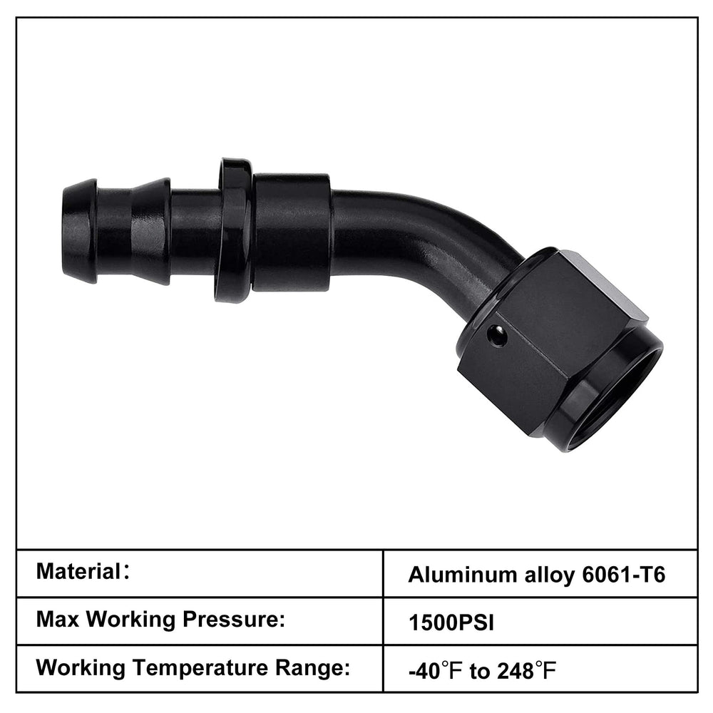 EVIL ENERGY side profile of 45° aluminum fitting highlighting black anodized finish