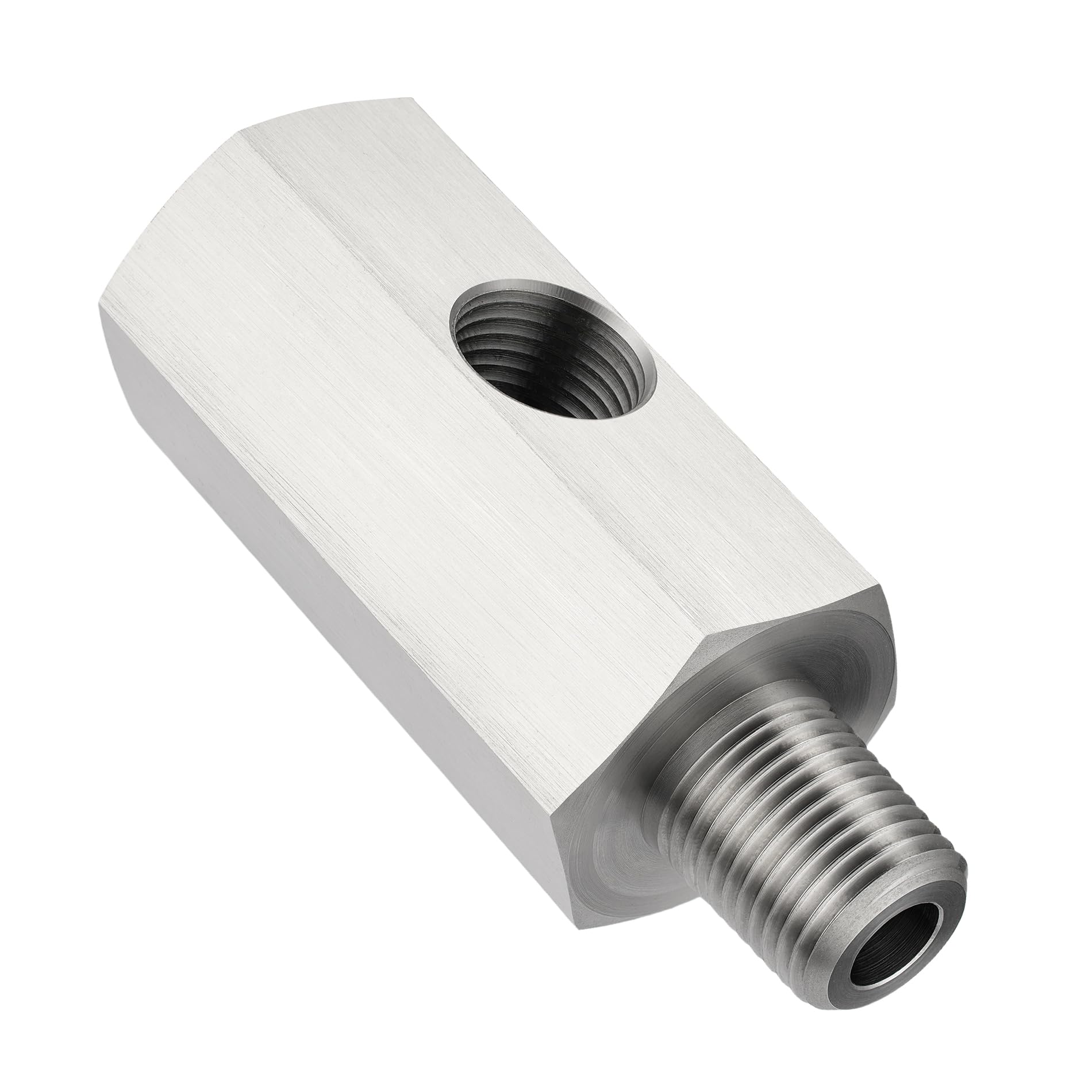 EVIL ENERGY tee adapter front view showing compact stainless steel body and ports for durable installation