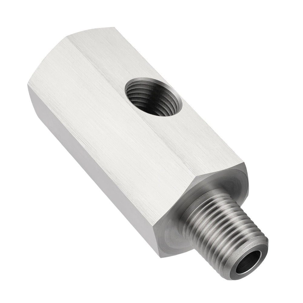 EVIL ENERGY tee adapter front view showing compact stainless steel body and ports for durable installation