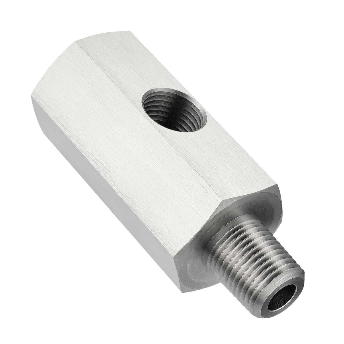 EVIL ENERGY tee adapter front view showing compact stainless steel body and ports for durable installation