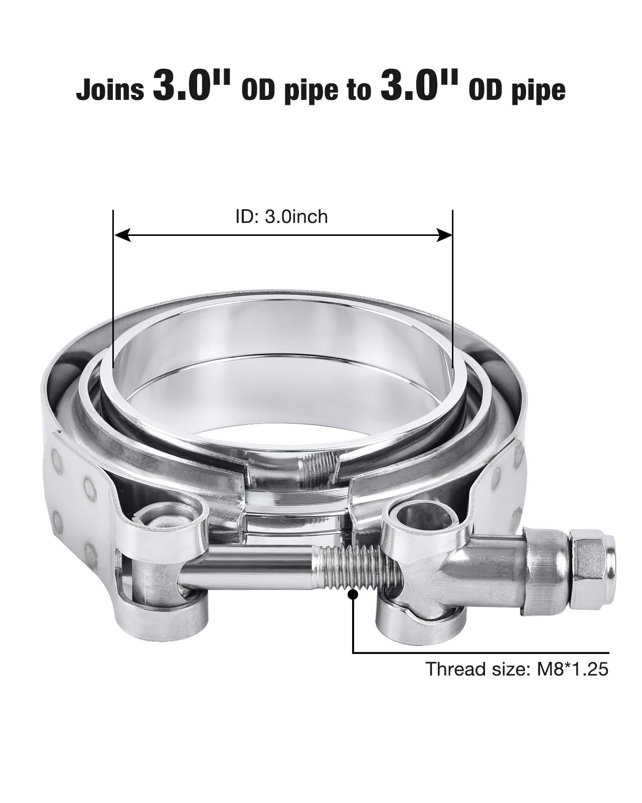 EVIL ENERGY close-up of stainless V-band clamp highlighting corrosion resistance benefit