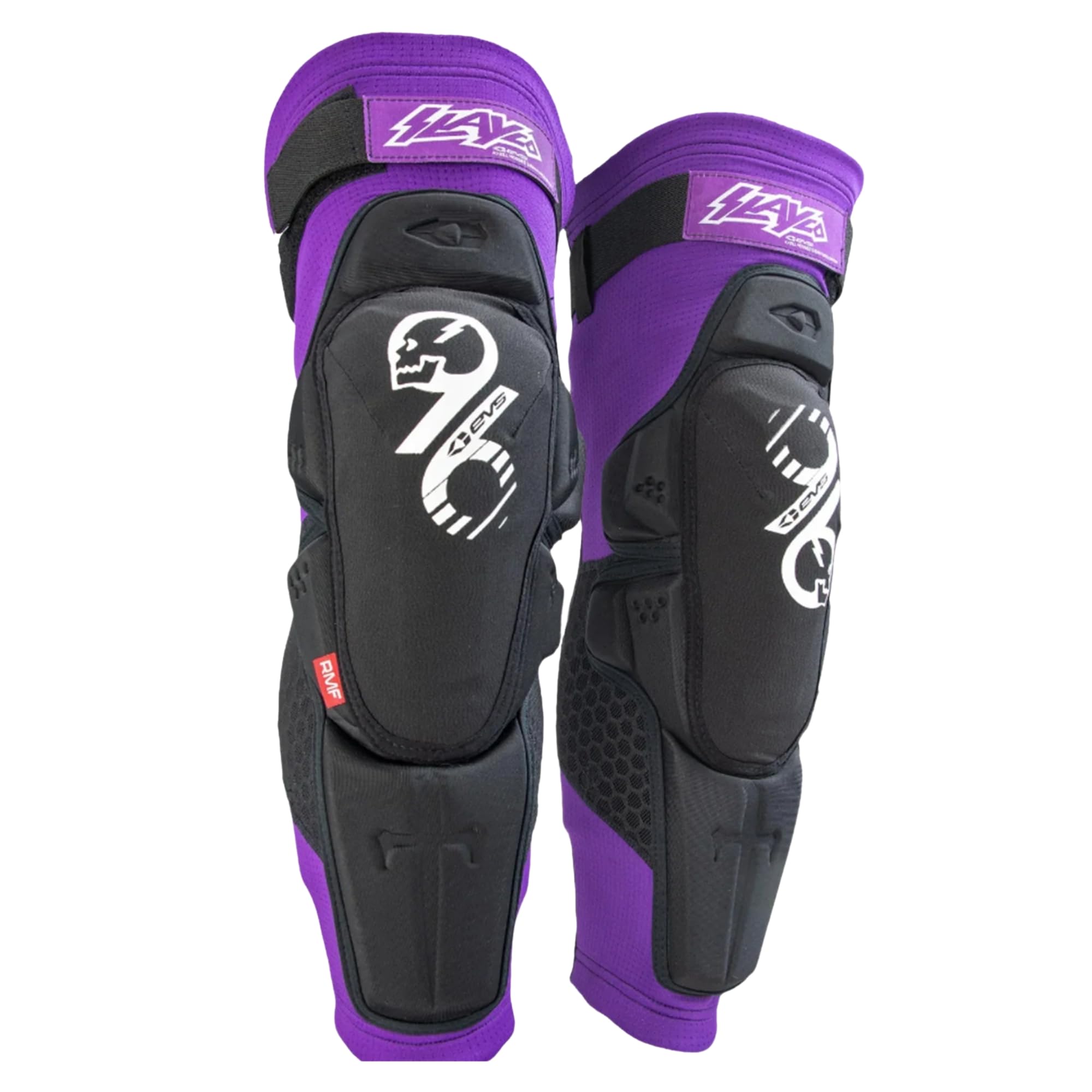 EVS Slayco96 front view showing compact knee guard and purple color benefits protection