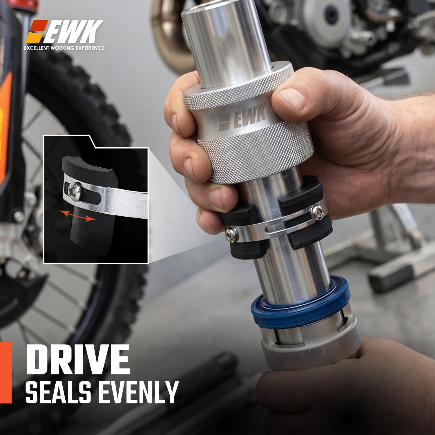 EWK driver in use on motorcycle fork seating seal evenly, ensures proper seal fit