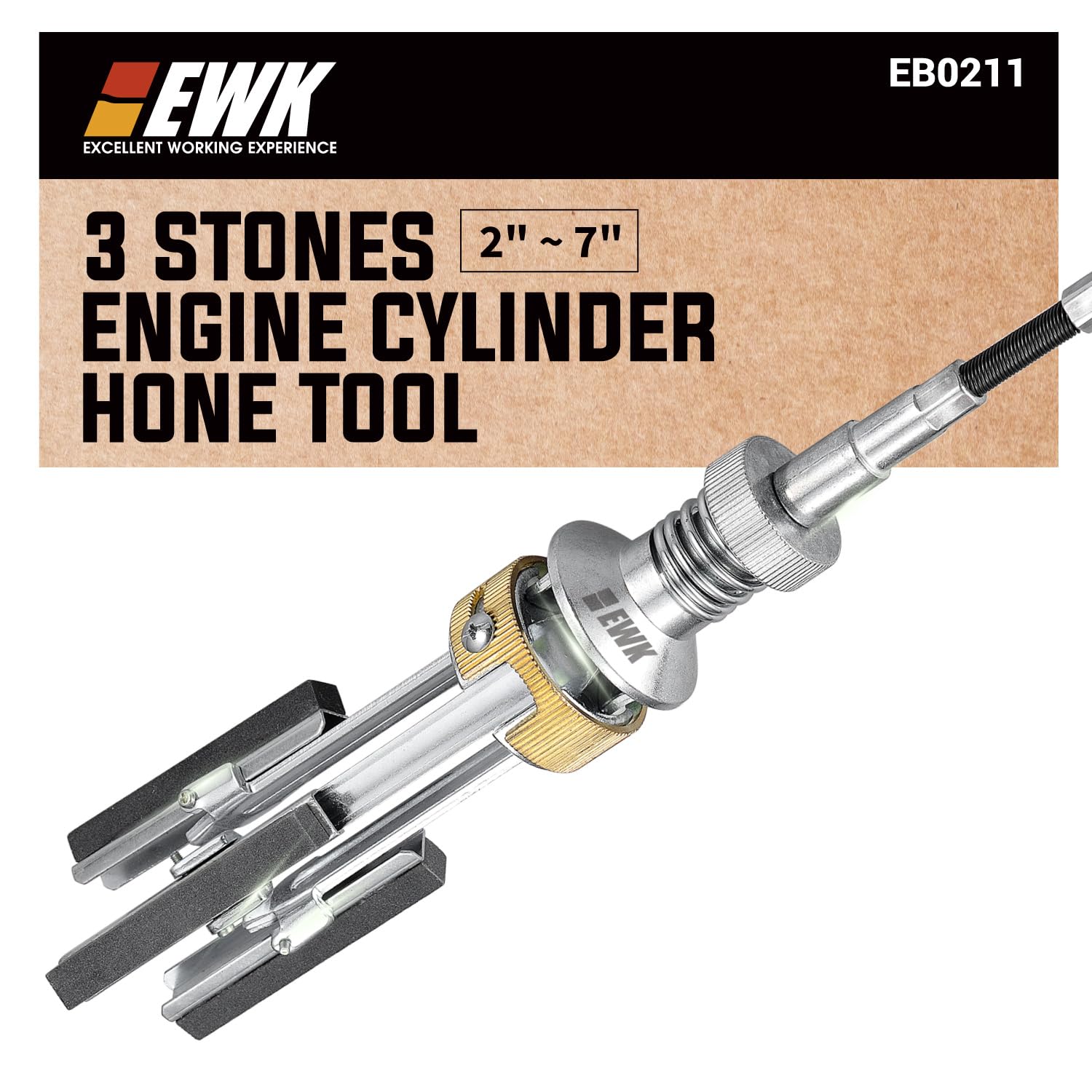 EWK front view hone tool showing three stones and shaft, durable precision