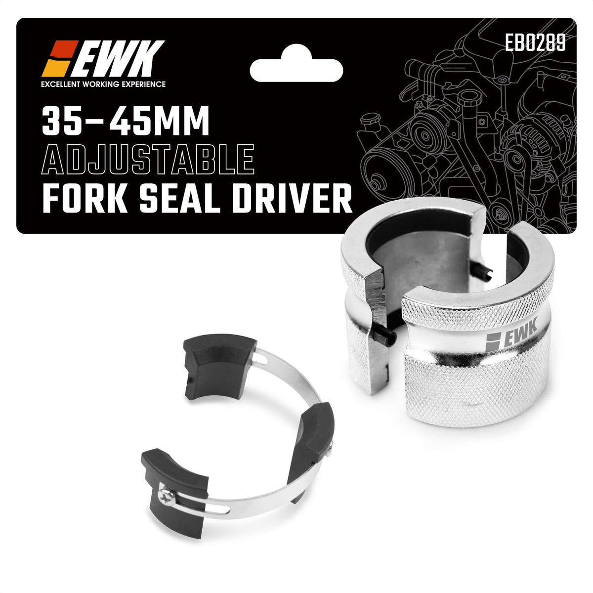 EWK front view of adjustable fork seal driver showing full tool, improves installation speed