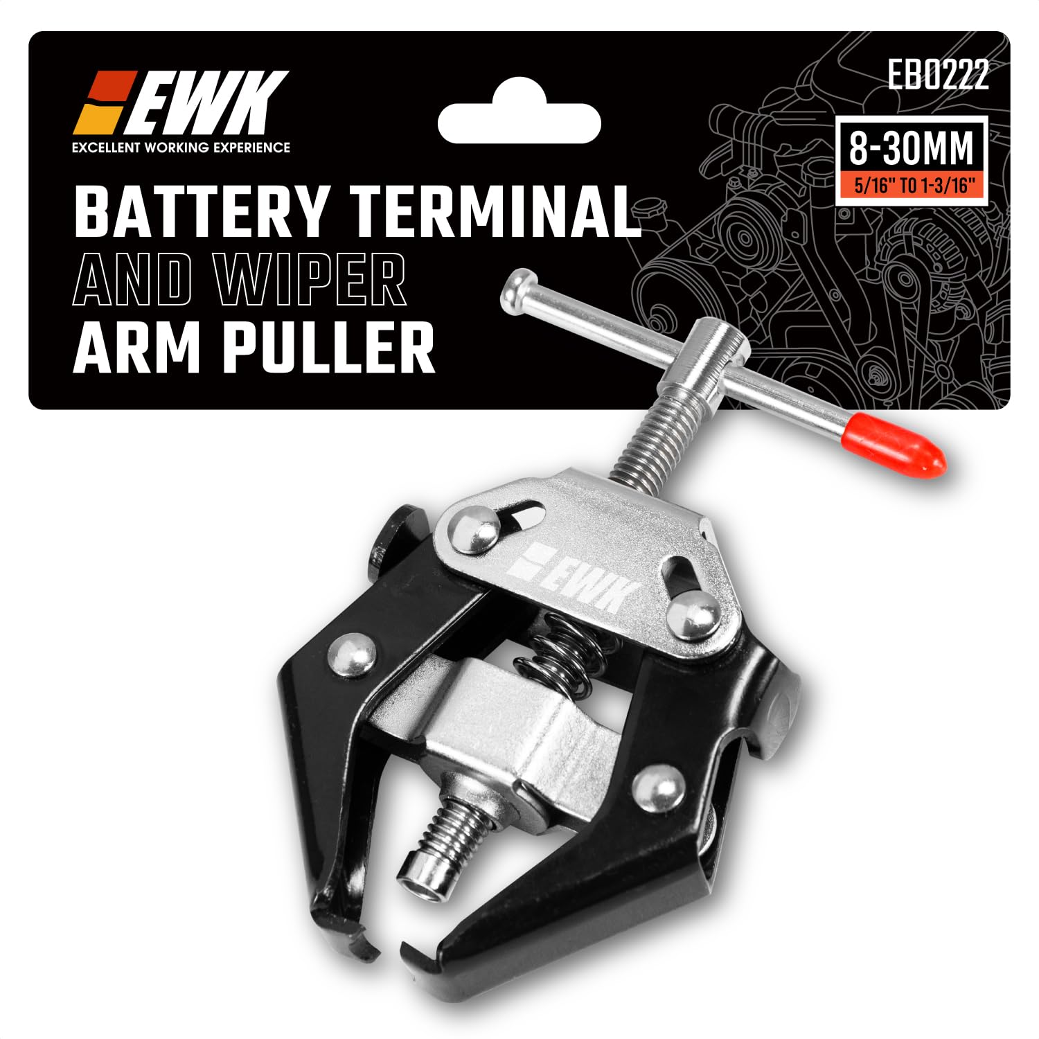 EWK front view of puller showing adjustable jaws and frame, durable grip benefit