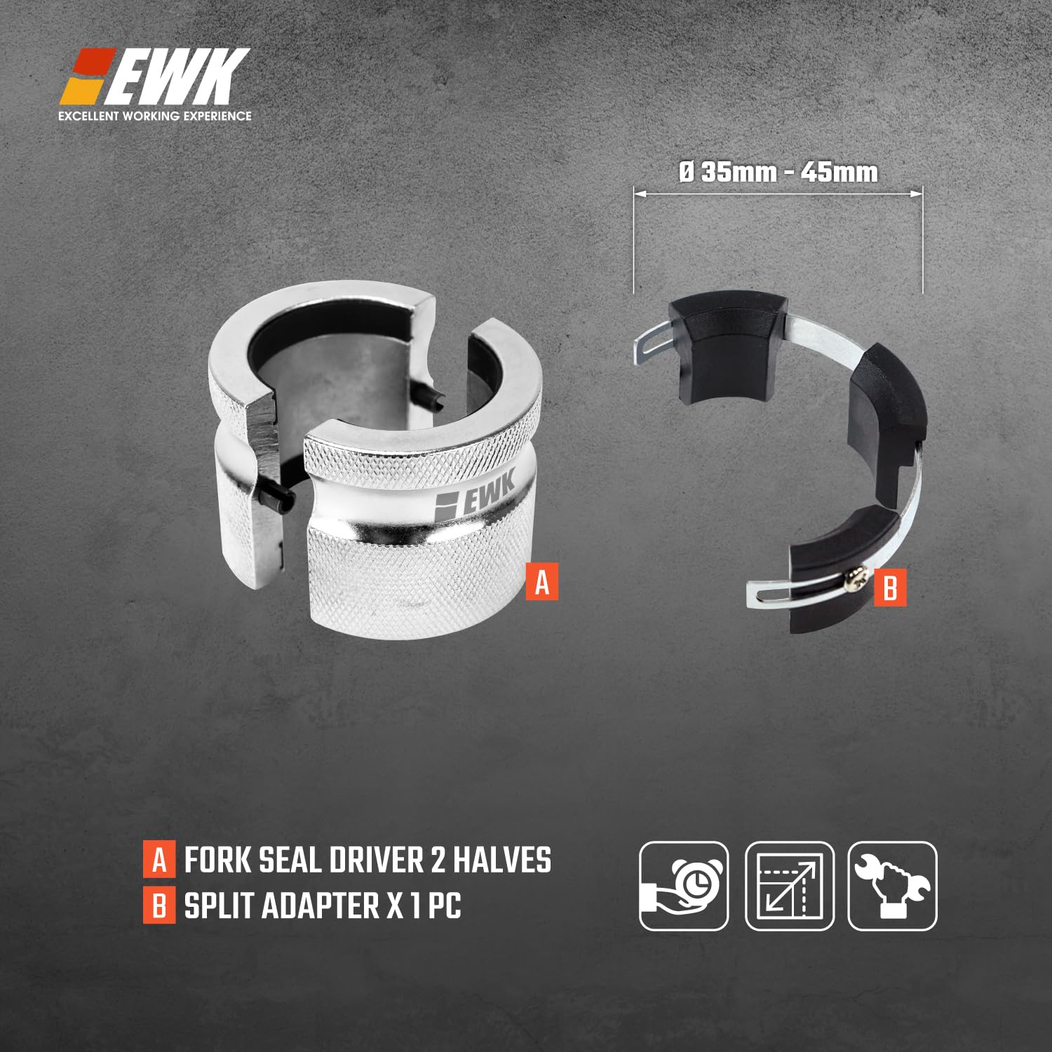 EWK close-up of split body showing alignment feature, protects fork tube from damage