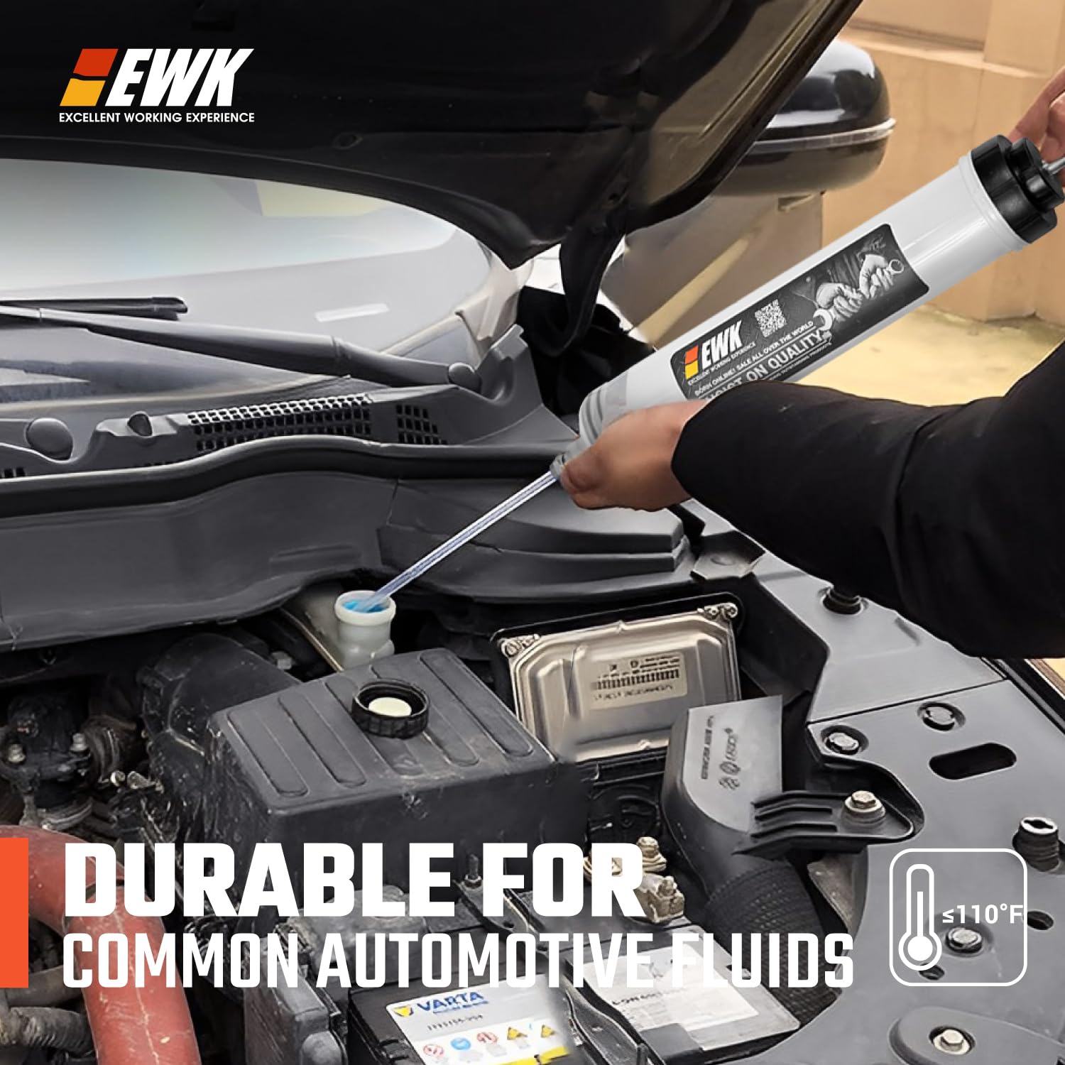 EWK packaging and contents view showing included hose and cap for convenience
