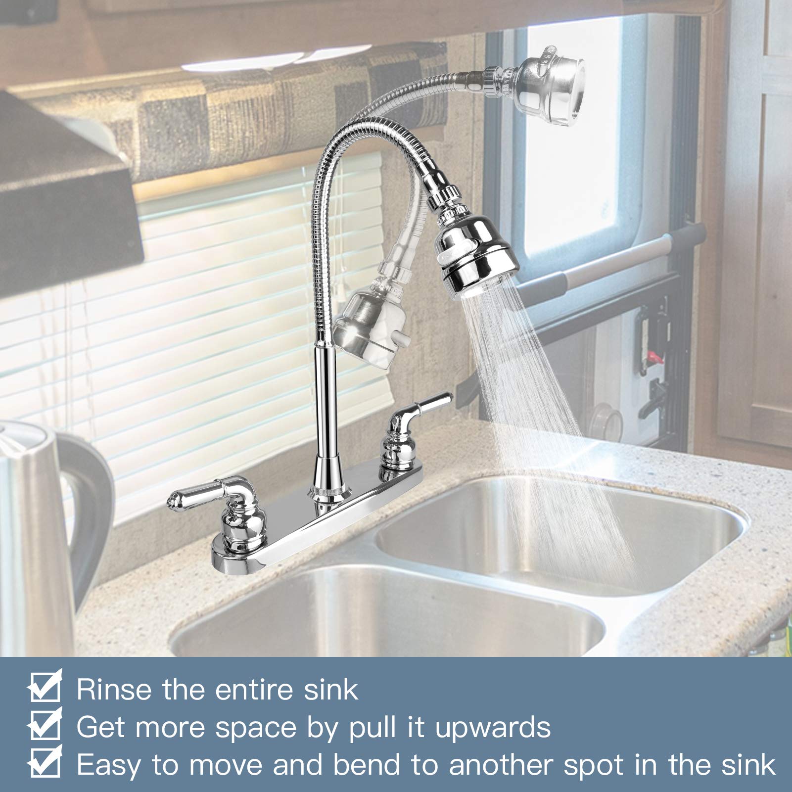EXCELFU close-up of rotatable spout and spray head for flexible rinsing