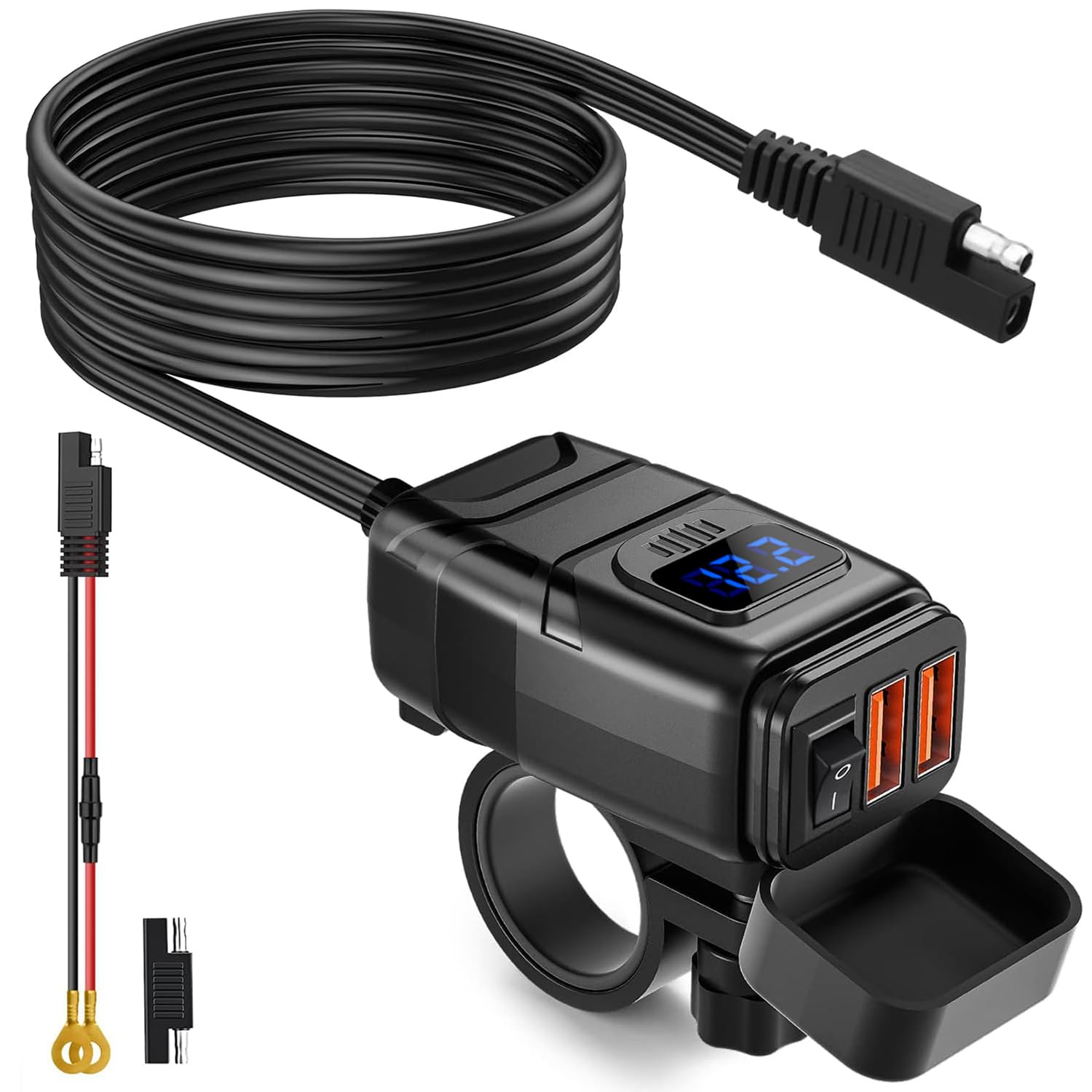 EXTRACTME front view of USB charger showing ports and casing, convenient charging