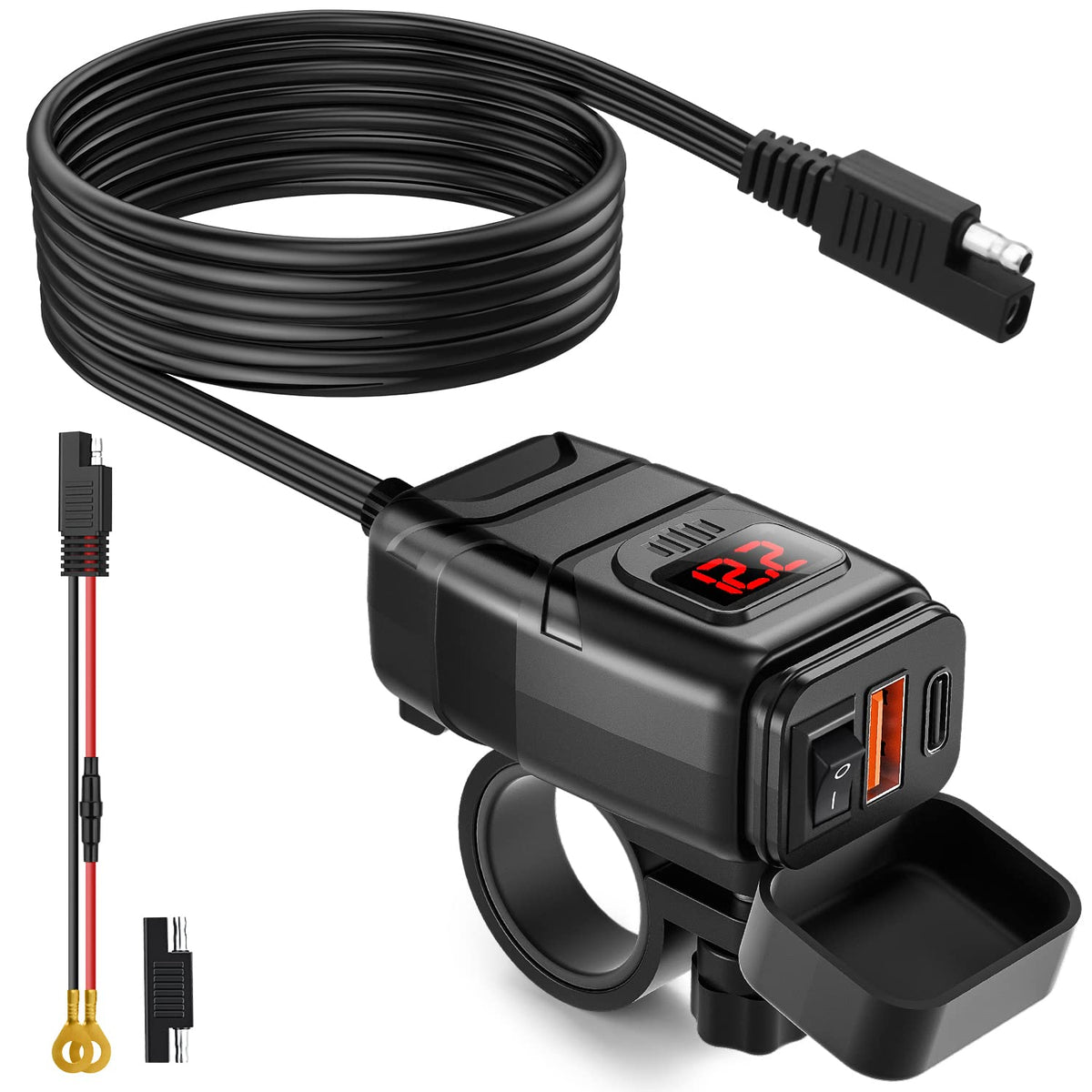 EXTRACTME front view mounted on handlebar showing secure clamp and ports benefit fast access