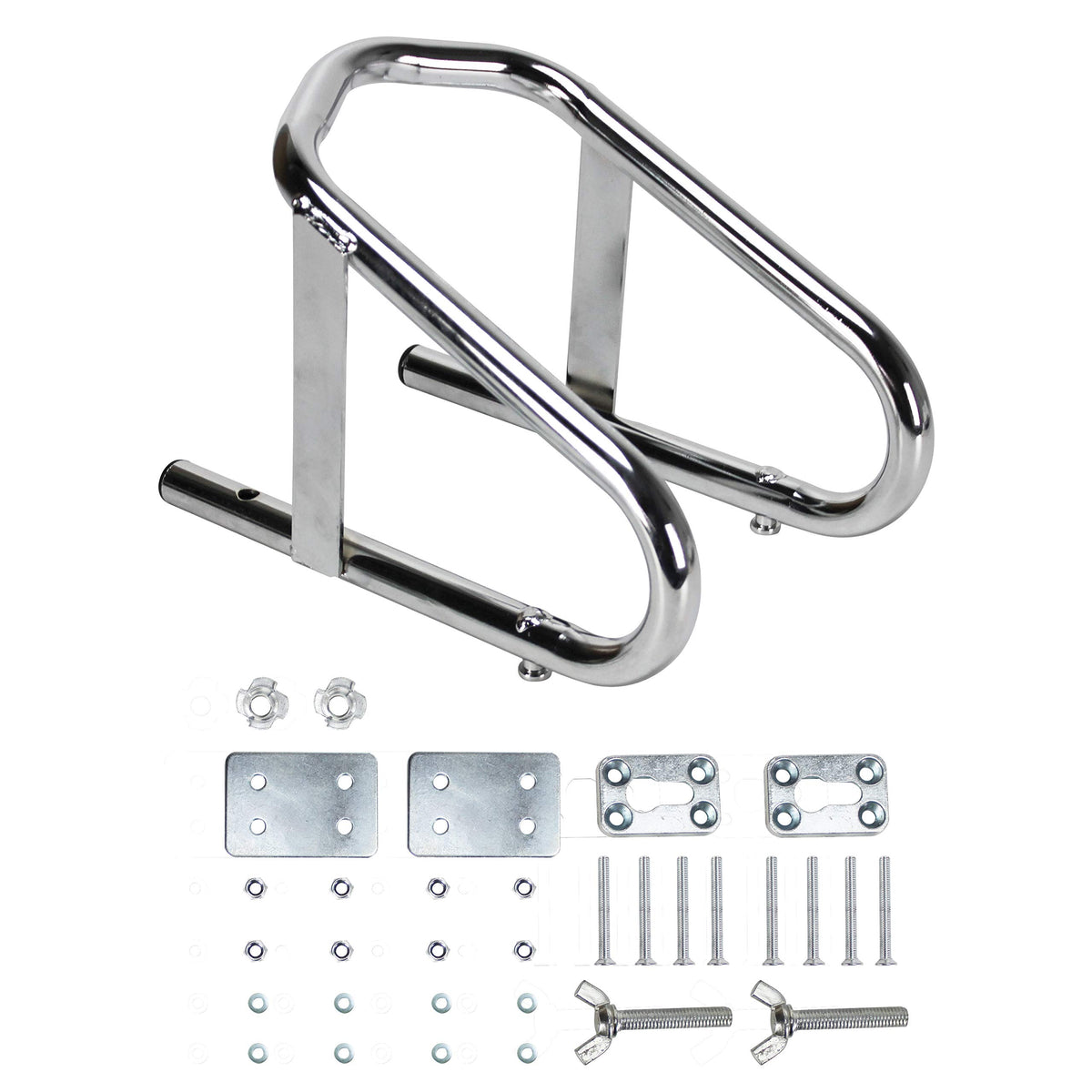 Extreme Max front view of wheel chock showing chrome finish and stable hold