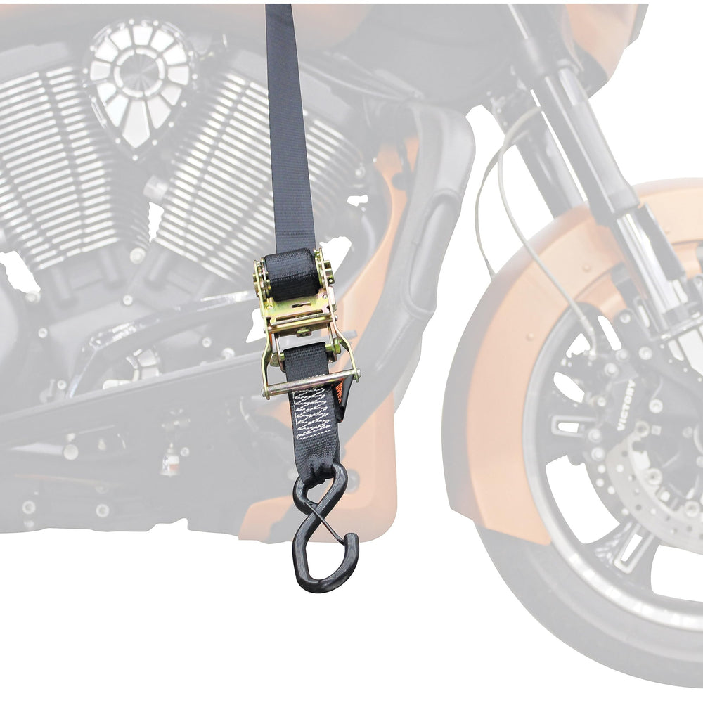 Extreme Max garage scene with motorcycle secured showing tidy storage solution