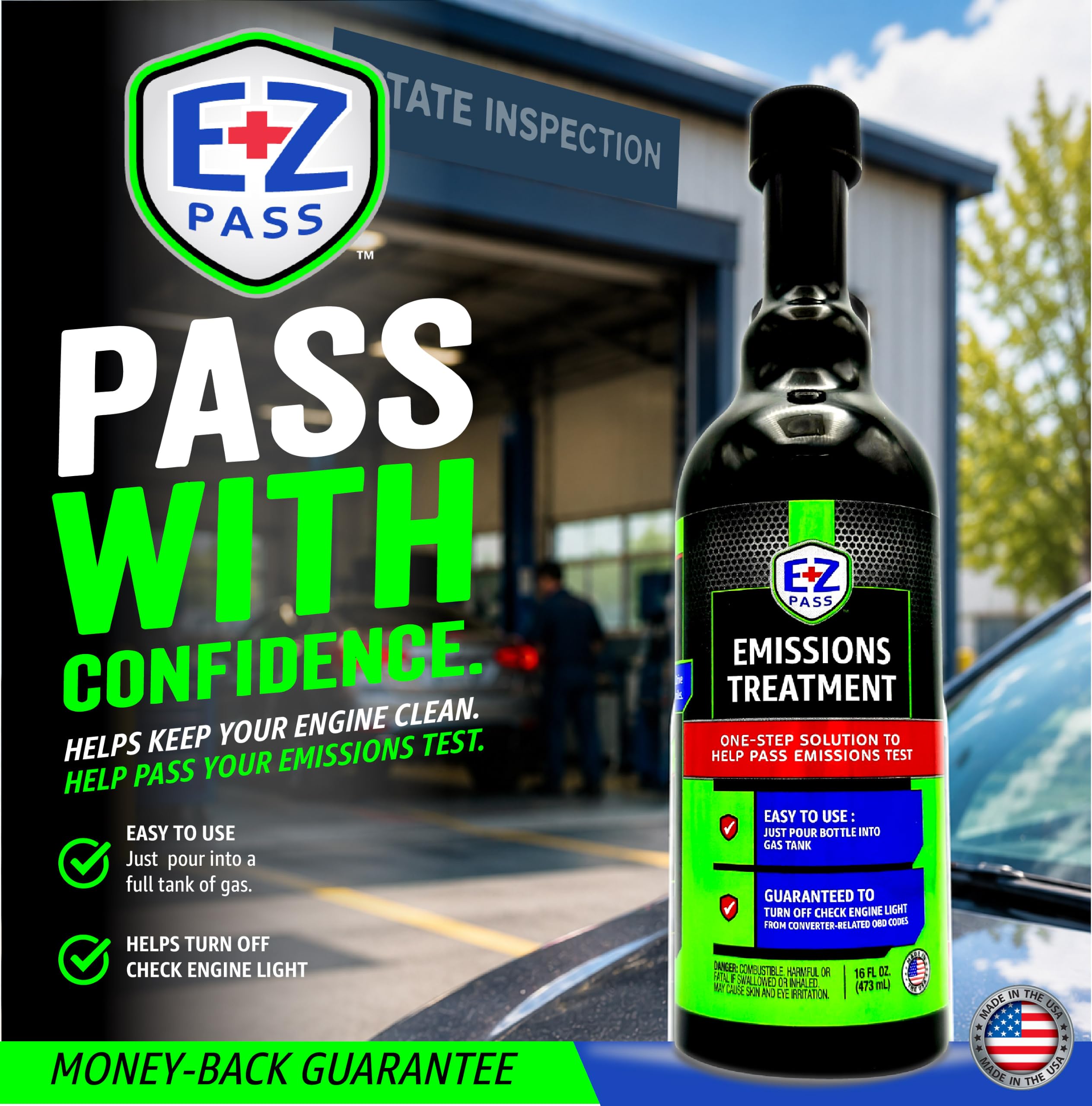 EZ PASS close-up label highlighting instructions and emissions support benefit