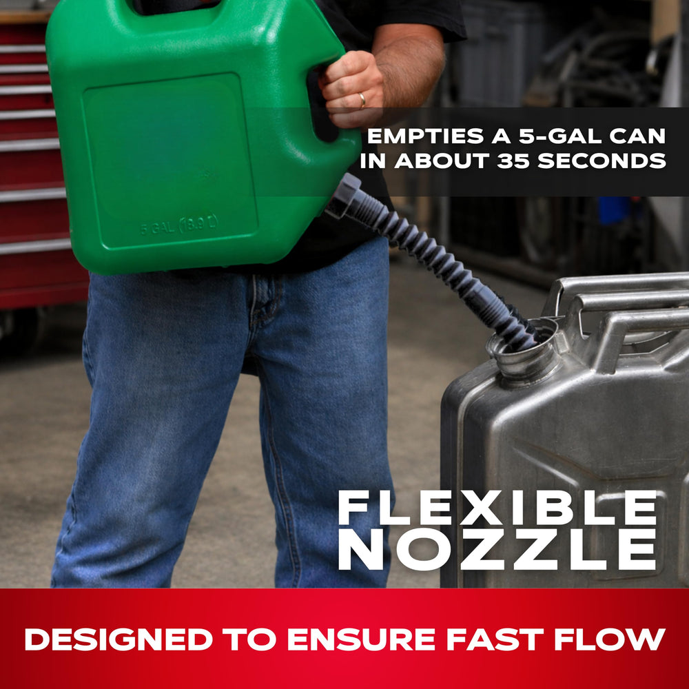 EZ-POUR beside a 5-gallon jug showing fit and quick-transfer capability