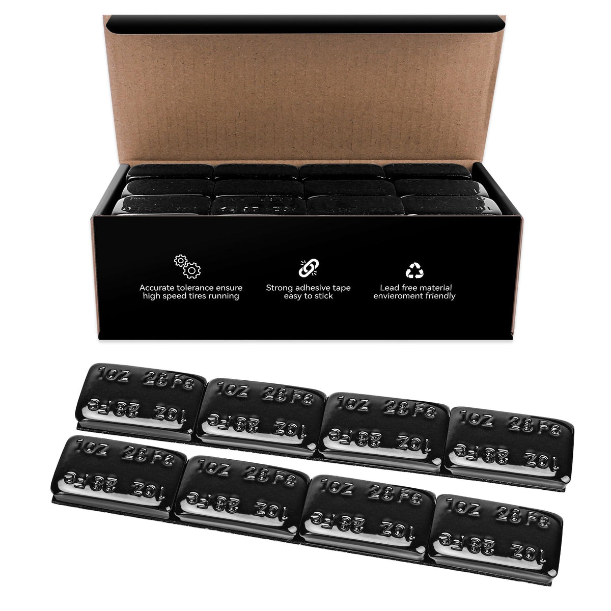 EZISOE front packaging displaying 72 stick-on wheel weights and benefits