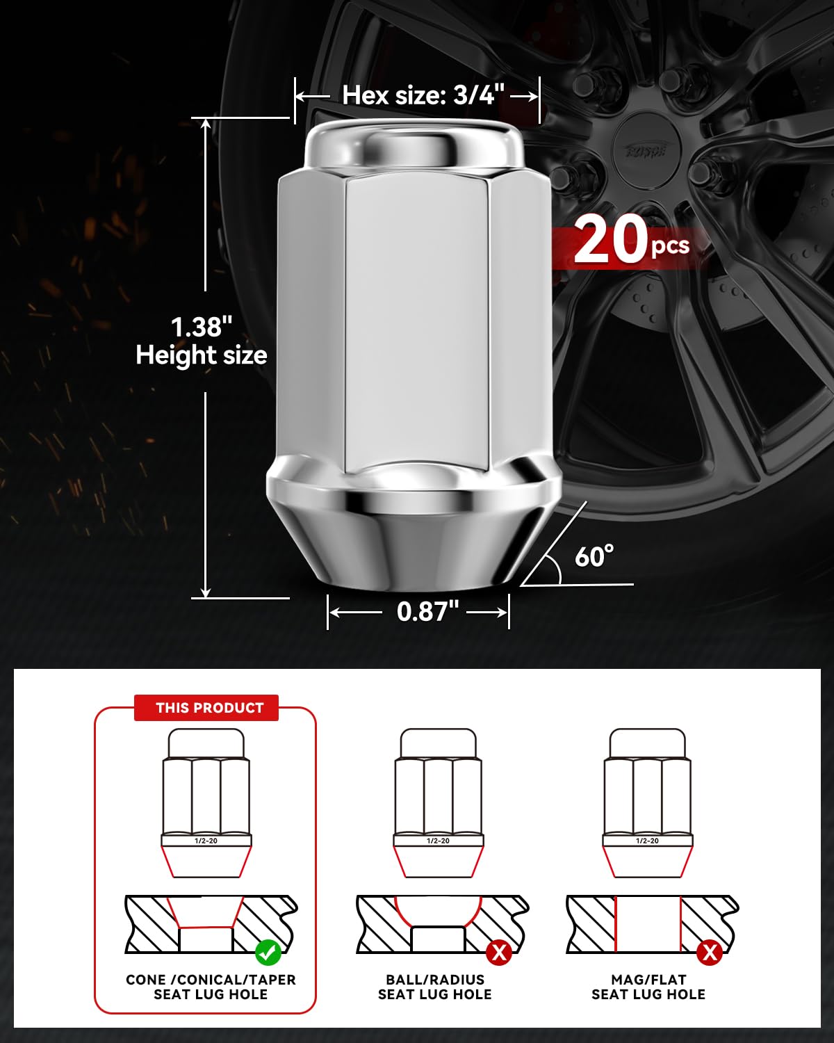EZISOE lug nut next to 3/4 inch wrench showing size compatibility and easy hand-installation