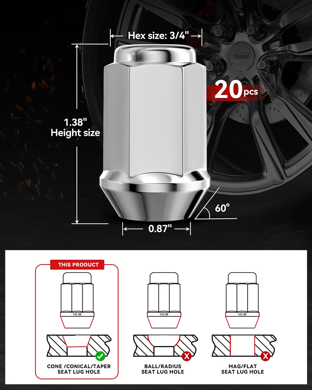 EZISOE lug nut next to 3/4 inch wrench showing size compatibility and easy hand-installation