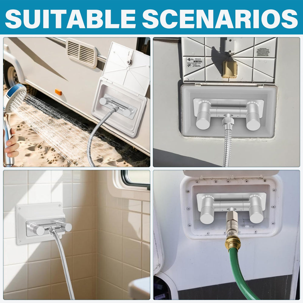 F-pianwe installed in RV shower demonstrating space-saving fit