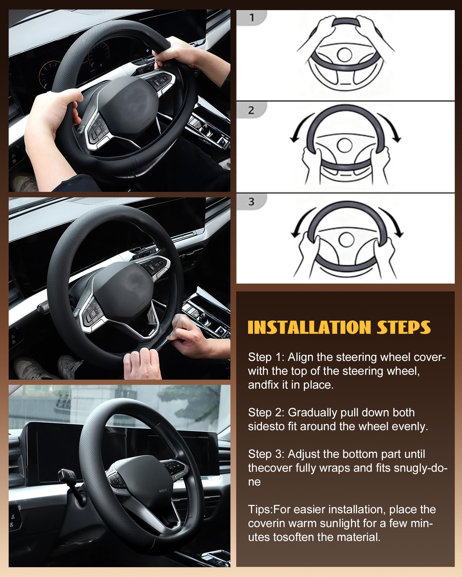 FacylfarctE cover beside ruler showing 15-inch fit for universal steering wheels