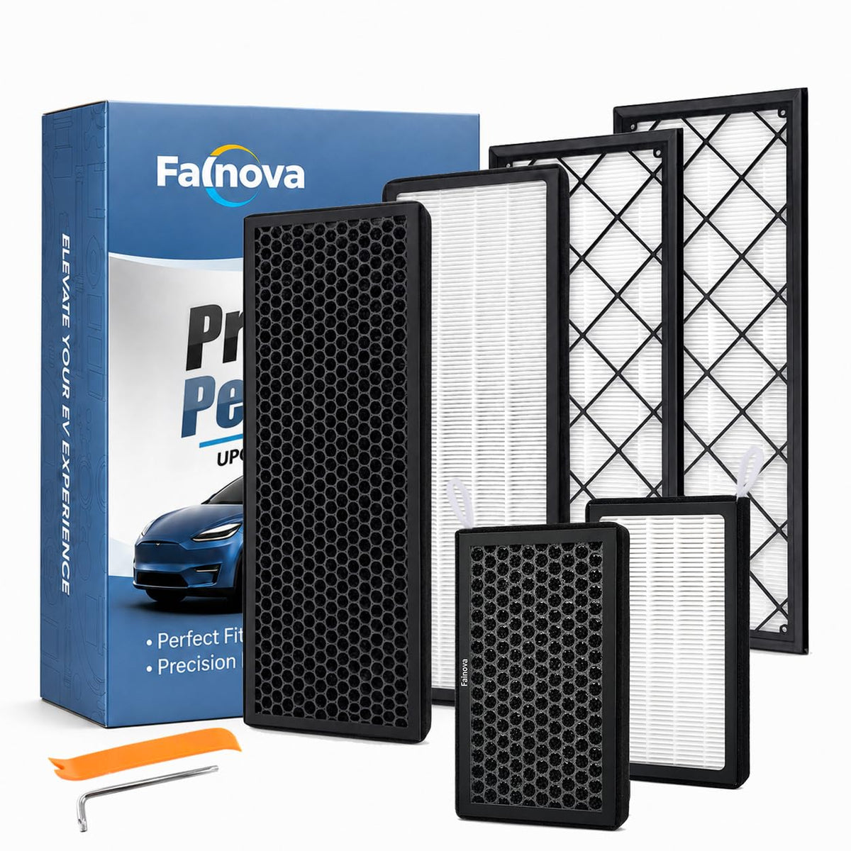 Falnova front packaging showing the Model Y 6-pack kit and clear contents benefit