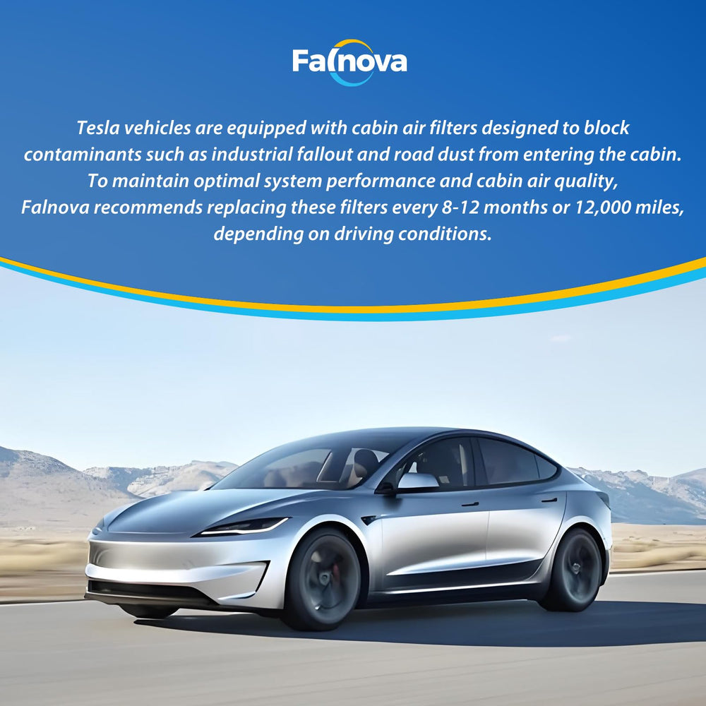 Falnova in-car lifestyle shot showing Model Y interior with improved cabin air comfort