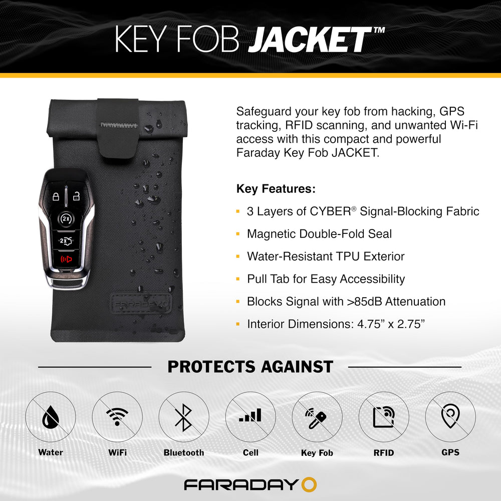 Faraday Defense jacket beside a large key fob to show fit and scale for bulky keychains
