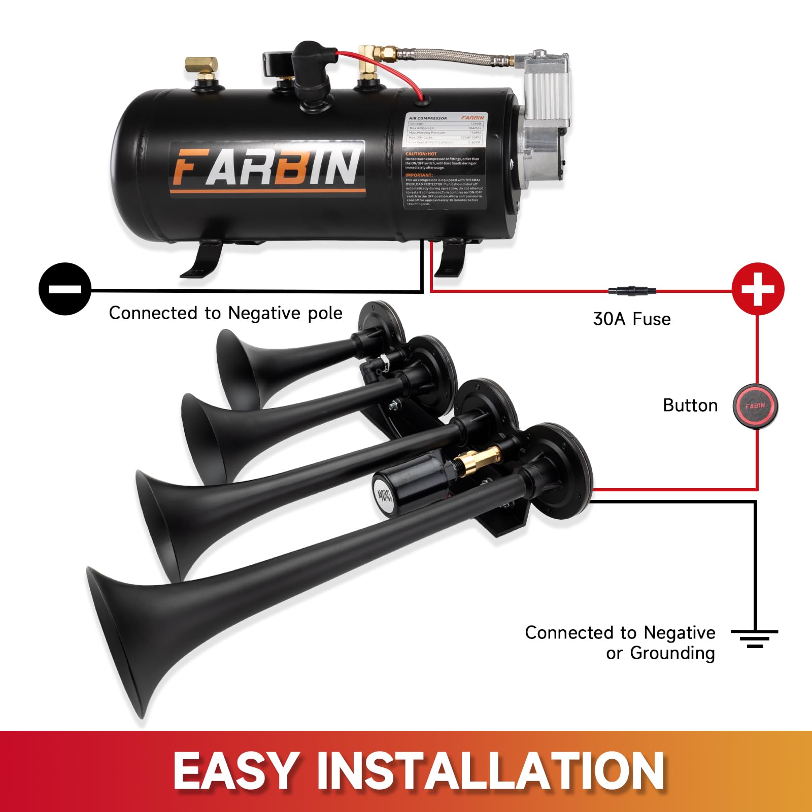 FARBIN horn kit next to hand for scale showing compact heavy-duty size