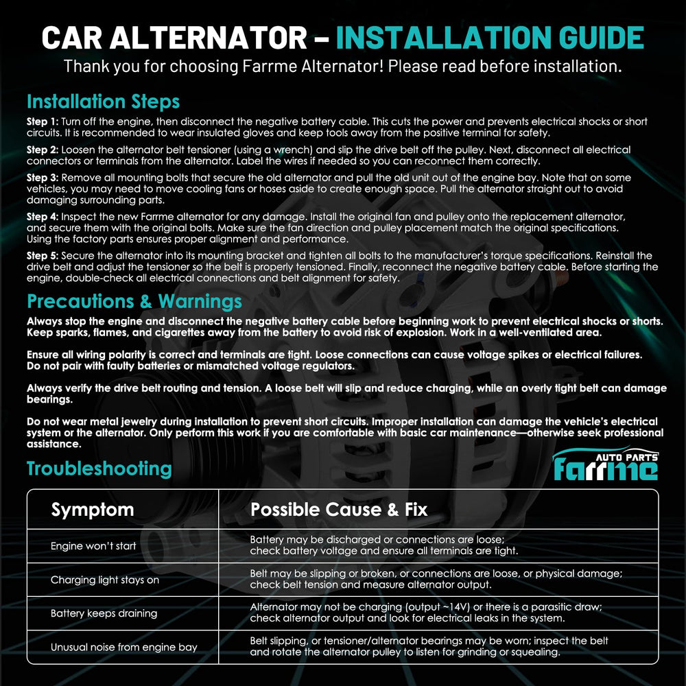 Farrme alternator installed under hood improving charging reliability