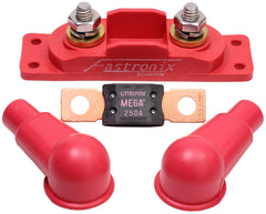 Fastronix fuse holder next to 2/0 gauge cable showing fit and scale