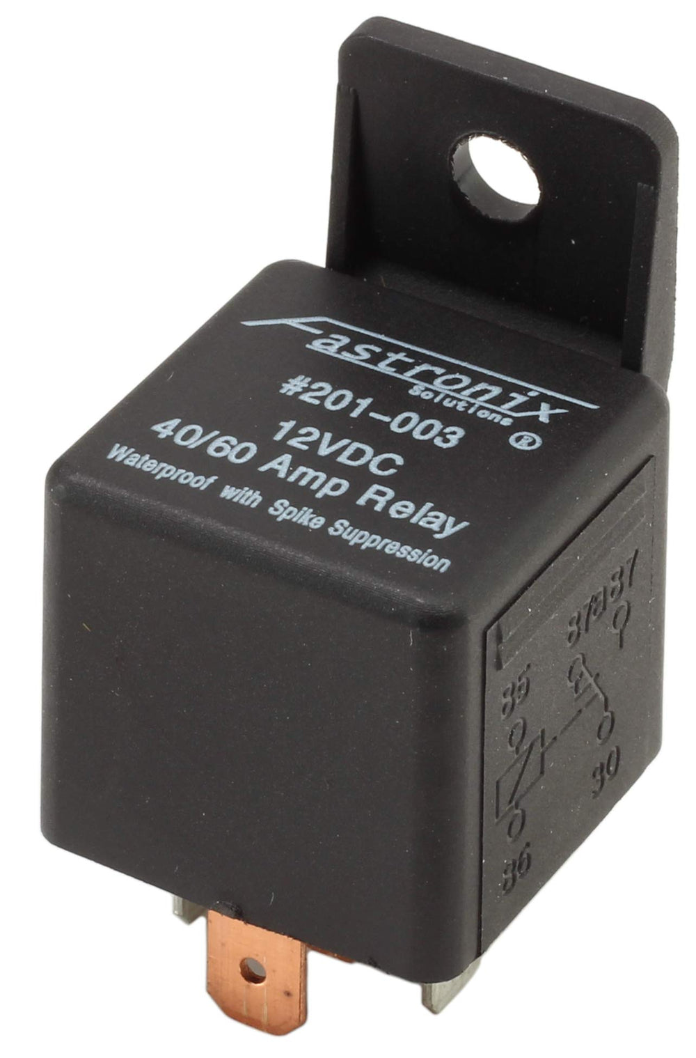 Fastronix relay mounting tab detail showing 1/4-inch hole for secure installation
