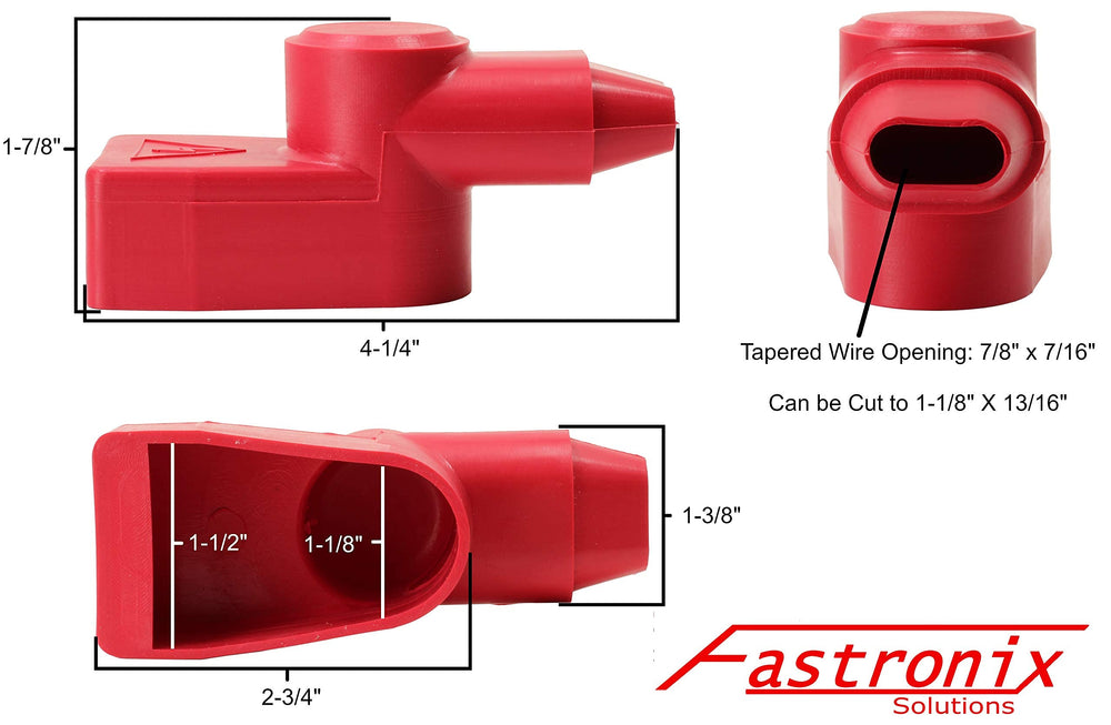 Fastronix terminals installed on a boat battery demonstrating neat, protected connections