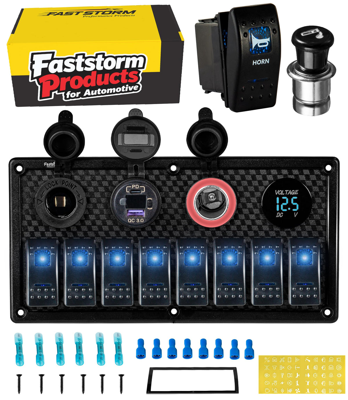 FASTSTORM front panel overview showing all eight switches and ports for easy control