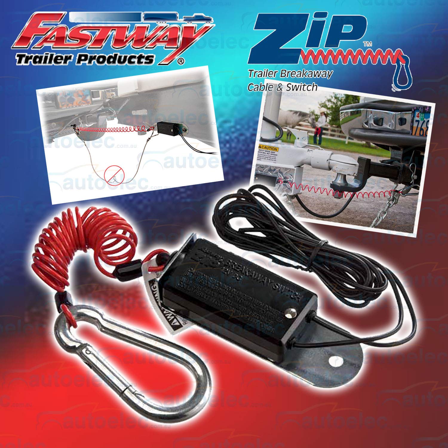 Fastway front view of red 4-foot breakaway cable showing full assembly and visibility benefit