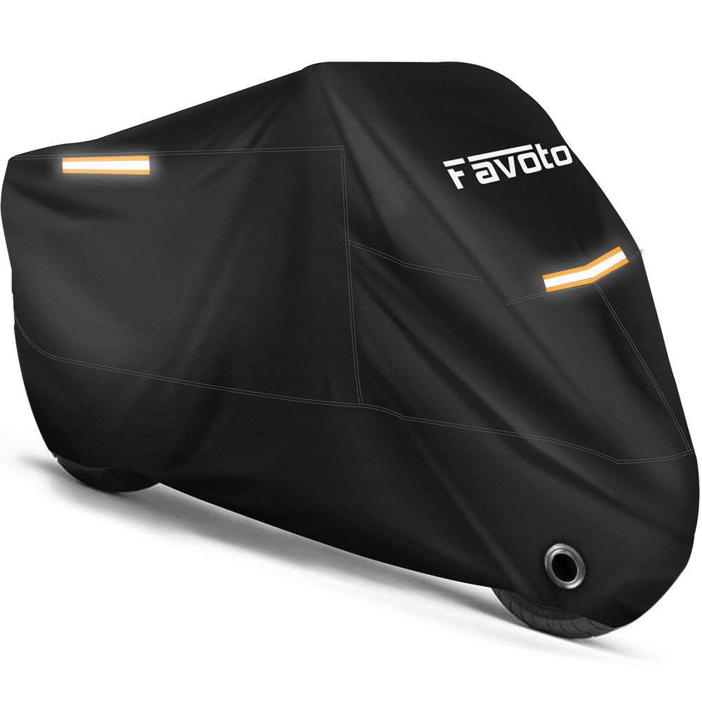 Favoto front view of covered motorcycle showing full protection and weather resistance