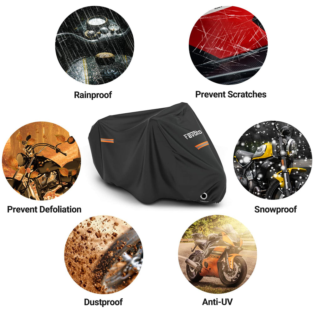 Favoto cover on motorcycle in driveway lifestyle protecting paint and leather