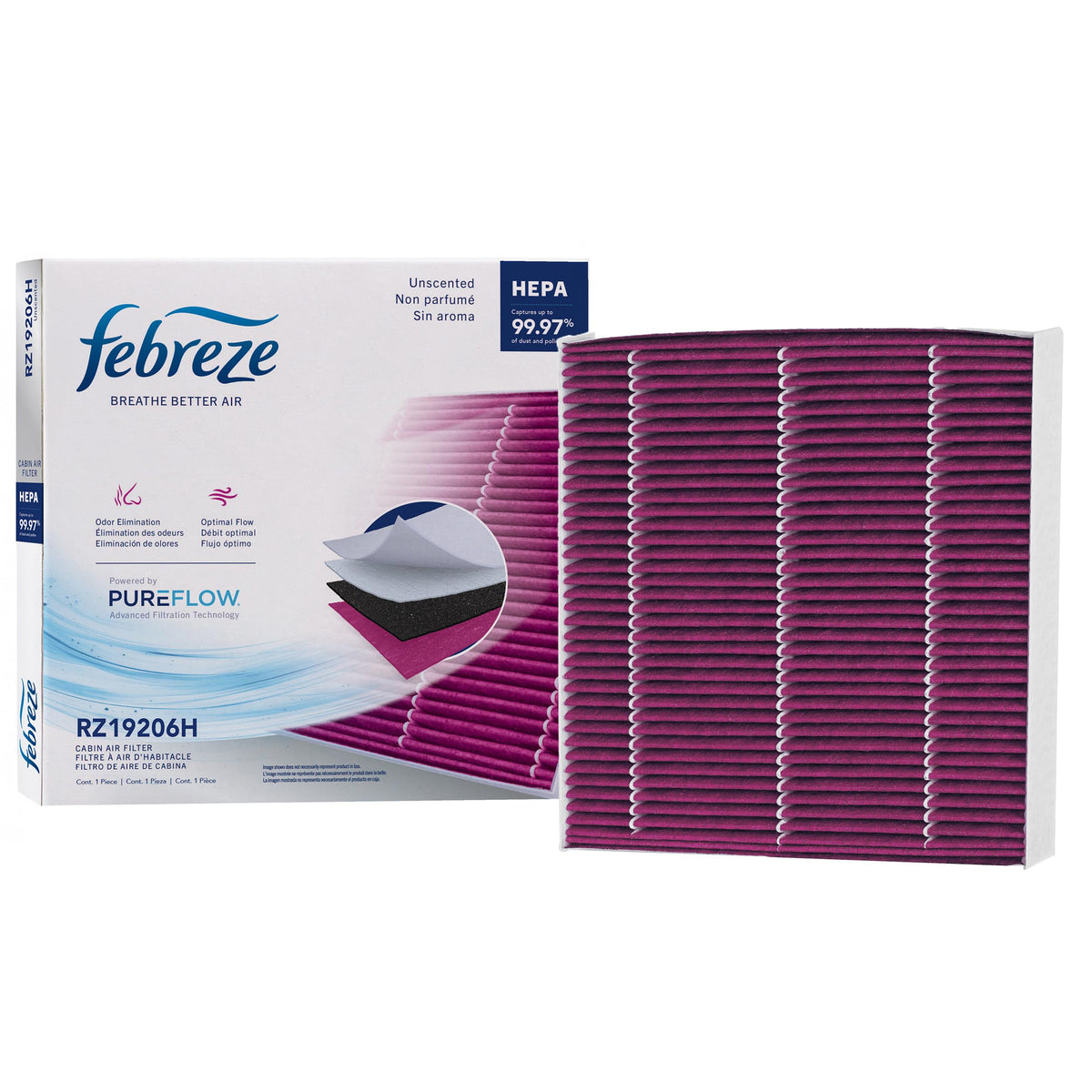 Febreze front packaging showing UNSCENTED HEPA cabin filter benefits