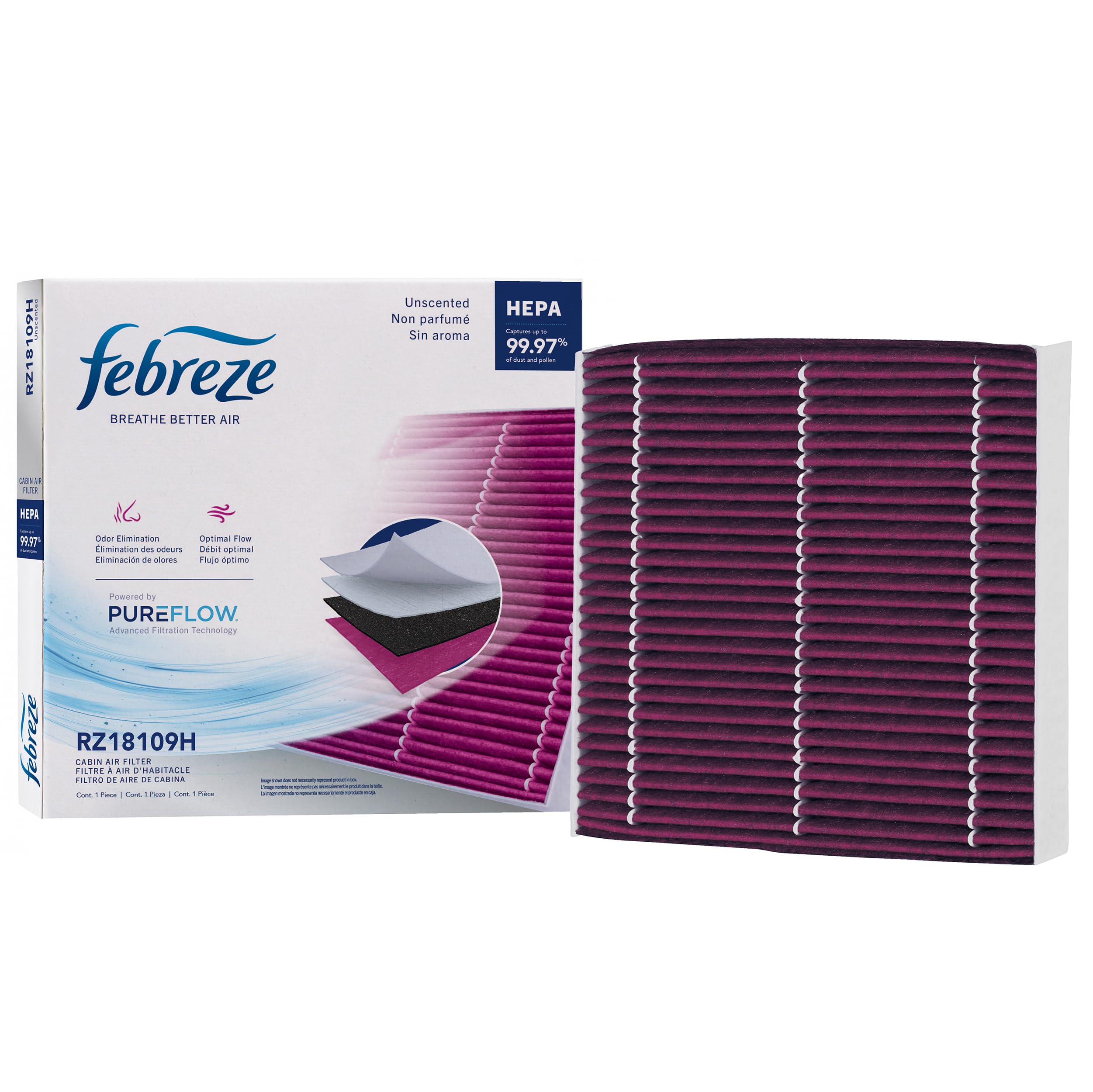 Febreze cabin filter front packaging showing model and benefit of odor control