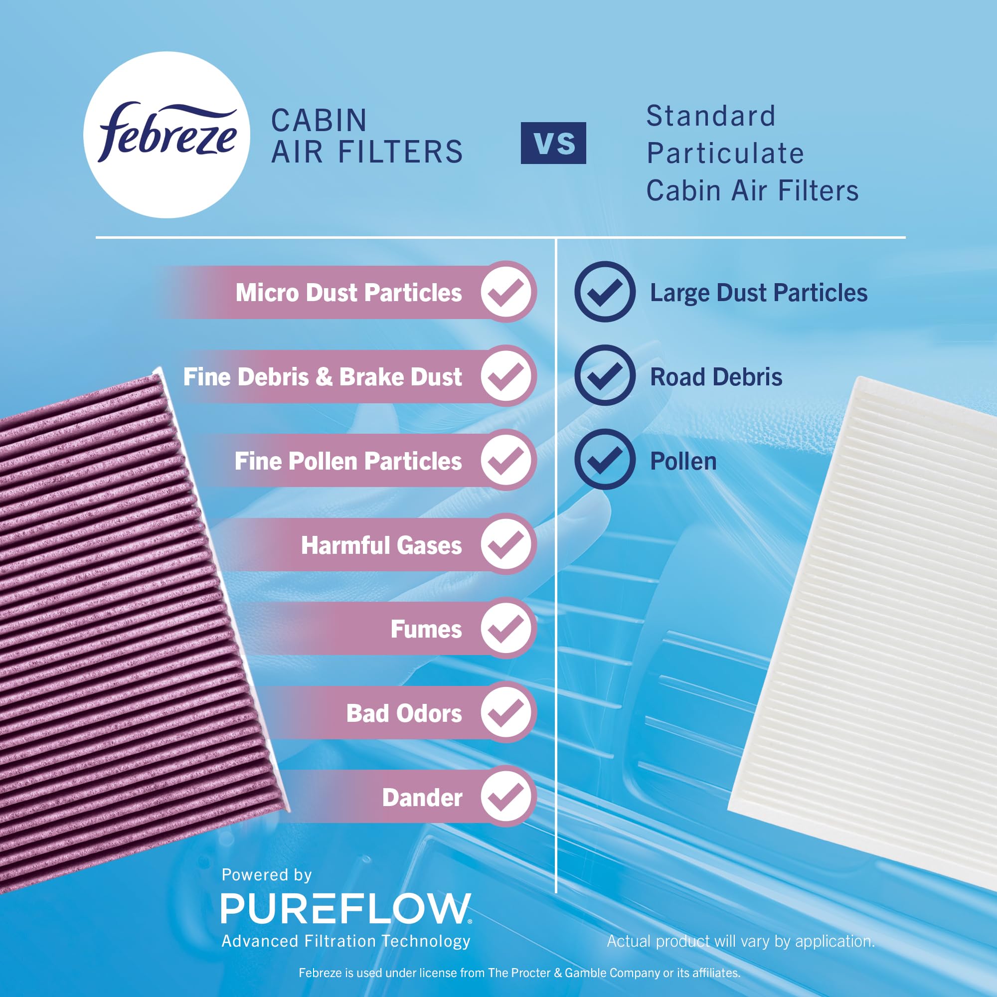 Febreze filter staged in Cadillac living-style interior showing fresher cabin atmosphere