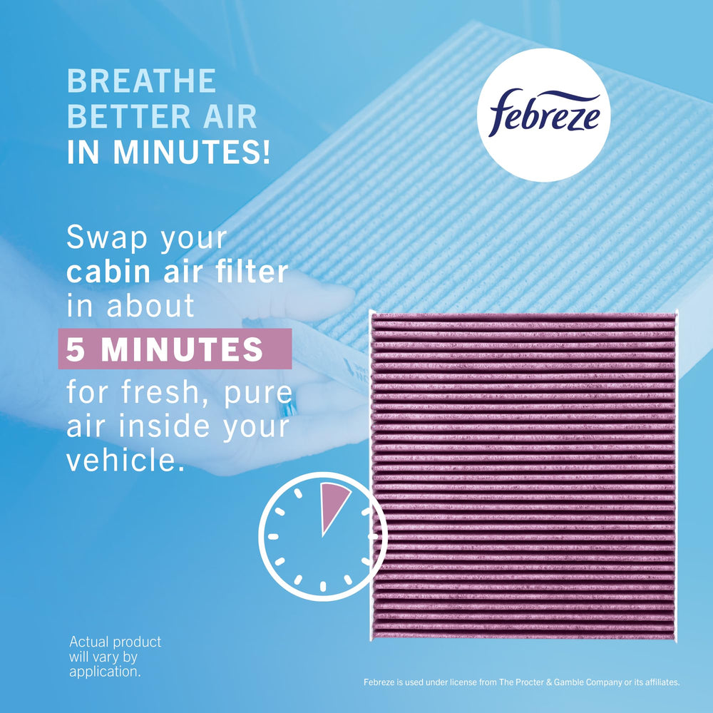 Febreze filter label and specs image showing compatible GM part numbers and clarity
