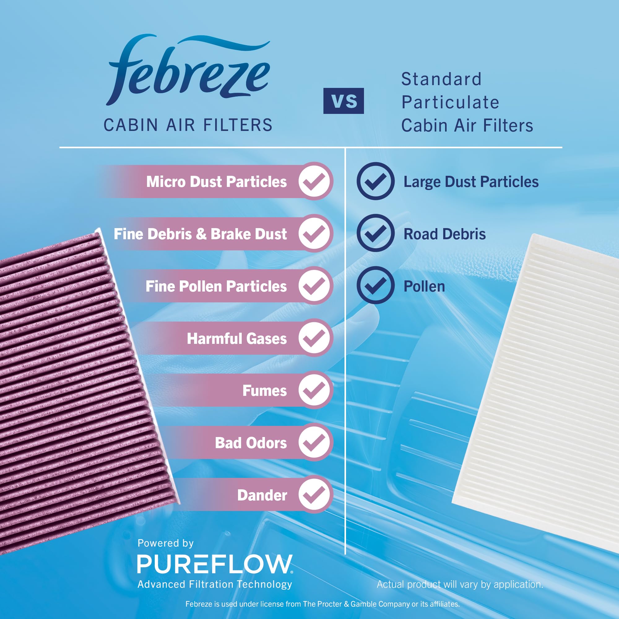 Febreze filter label with compatible vehicle list, helping ensure proper replacement